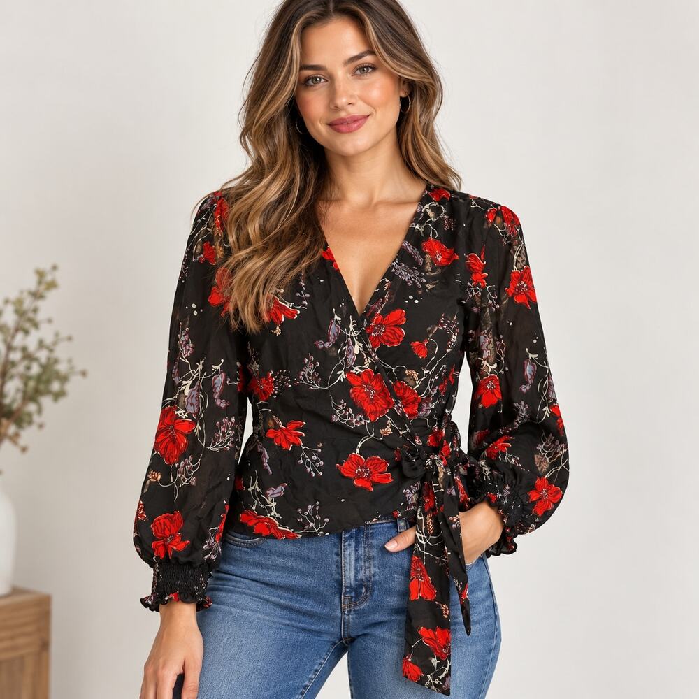 Madewell 100% Silk Smocked-Sleeve Floral Wrap Large blouse